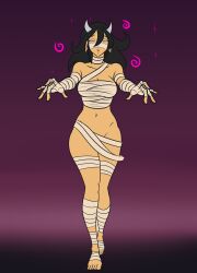  animal_ears barefoot black_hair cleavage dazed feet female_only femsub horns katsiika long_hair midriff mummy navel open_mouth original pink_eyes shrunken_irises simple_background zombie_walk 
