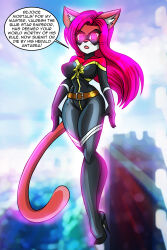 absurdres cat_girl corruption female_only femsub floating furry glowing glowing_eyes high_heels long_hair open_mouth original red_hair solo super_hero tail text tongue toni_technaclaw zorro-zero