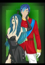absurdres blood breasts chin_hold cleavage cyan_hair equestria_girls expressionless fangs femdom gloves glowing glowing_eyes green_hair happymango101 large_breasts long_hair malesub my_little_pony opera_gloves personification queen_chrysalis shining_armor short_hair shrunken_irises