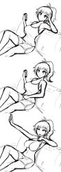 breasts cell_phone cleavage comic crystal_(zko) drool eye_roll greyscale original ponytail selfie shirt_lift tech_control topless undressing zko