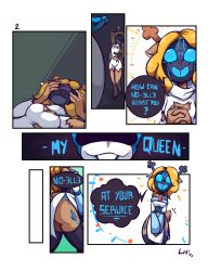 blonde_hair breasts comic corruption deltarune female_only femdom femsub furry long_hair noelle_holiday omegaluxifer open_mouth queen_(deltarune) robotization smile source_request tech_control text