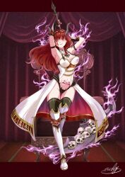  arm_bands armpits arms_above_head artist_request aura bare_shoulders blush boots cape celica_(fire_emblem) chair corruption crotch_tattoo dress evil_smile female_only femsub fire_emblem fire_emblem_echoes glowing_eyes hair_band horns long_hair long_nails midriff nail_polish navel nintendo opera_gloves panties red_eyes red_hair signature skull sword thigh_gap thighhighs thighs weapon 