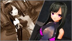 3d baldmen4 bare_shoulders before_and_after black_hair bodysuit breasts cleavage corruption custom_maid_3d_2 empty_eyes expressionless female_only femsub large_breasts long_hair open_mouth purple_eyes smile wink