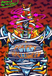  bandage body_writing breasts catalepsy clothed_exposure dragon dragon_girl female_only femsub furry halloween happy_trance horns huge_breasts human_furniture kaa_eyes mummy pussy smile sweat thick_thighs wide_hips zarvex3 