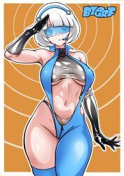  absurdres armpits border bzurrrf erect_nipples erect_nipples_under_clothes gloves kuzuryutowa_cyber_industries_(bzurrrf) lipstick navel nipples orange_background original ring_eyes saluting see-through signature simple_background spiral_background symbol_in_eyes tech_control thigh_gap tight_clothing underboob visor white_hair zipper 