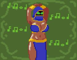 animated animated_gif awakening cleavage dancing femsub glowing_eyes harem_outfit hood huge_breasts hypnotic_audio hypnotic_music kilprel large_breasts midriff navel original pixel_art potenxia resisting tan_skin trance_break