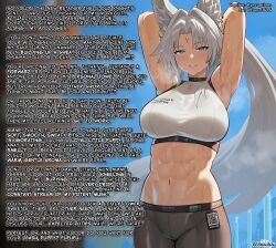 abs absurdres armpits arms_above_head blue_eyes bonz0616 breasts caption caption_only feixiao_(honkai_star_rail) female_only femdom fox_ears fox_girl golden_scythe_(manipper) honkai_star_rail hypnotic_gas licking long_hair looking_at_viewer male_pov malesub manip midriff muscle_girl navel outdoors pet_play pheromones pov_sub qr_code signature silver_hair smile sports_bra steam sweat text very_long_hair wet wet_clothes