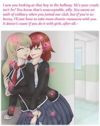 blonde_hair breasts drool evil_smile female_only femdom femsub fingering green_eyes groping hypnotic_kiss kissing long_hair magic manip open_clothes red_hair school_uniform sexuality_change skirt skirt_lift smile sybilltheo_(manipper) text thekinkyfinn thighhighs tie tongue tongue_out yuri