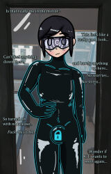 aware black_hair blush bodysuit bulge collarbone drone dronification edging eyebrows_visible_through_hair female_only femsub glowing grey_eyes happy_trance mirror null_bulge original self_hypnosis short_hair smile solo spiral tech_control text tight_clothing trance_delightful visor wholesome
