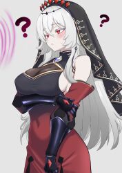  absurdres bangs bare_shoulders blazing_cartesia_the_virtuous blush breasts cleavage confused dress ecclesia_(yu-gi-oh!) empty_eyes expressionless female_only femsub gauntlets gloves hair_ornament large_breasts long_hair navel oldsickkim pale_skin red_eyes sideboob simple_background solo standing sweat veil white_background white_hair yu-gi-oh! 
