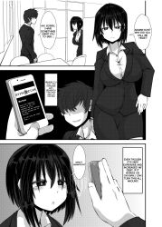 black_hair breasts comic dialogue faceless_male femsub hypnotic_accessory large_breasts maledom nakayoshi_fuufu_no_memorial phone spiral_eyes suit symbol_in_eyes tech_control text 