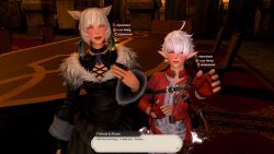  3d absurdres ahoge alisaie_leveilleur blush dialogue english_text eye_color_change femsub final_fantasy final_fantasy_xiv gameplay_mechanics looking_at_viewer miqo'te purple_eyes short_hair square_enix symbol tagme text vargoatart white_hair y'shtola 