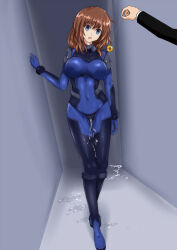  blue_eyes bodysuit breasts brown_hair character_request coin cum drool empty_eyes expressionless large_breasts looking_at_viewer open_mouth original pendulum squirting standing thighs wufan870203 