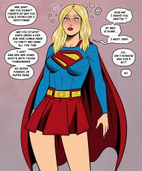 alien blonde_hair blue_eyes dazed dc_comics dialogue english_text femsub polmanning red_lipstick skirt speech_bubble spiral_eyes super_hero supergirl superman_(series) text