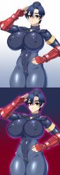  absurdres before_and_after black_eyes blue_hair blush bodysuit breasts character_request embarrassed empty_eyes erect_nipples erect_nipples_under_clothes expressionless female_only gloves glowing gradient_background hand_on_hip hat huge_breasts muscle_girl nipples saluting shadaloo_dolls short_hair solo street_fighter sweat thighs tie white_background yomosuedesu 