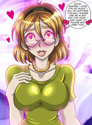 absurdres blush breasts brown_hair female_only femsub happy_trance heart heart_eyes large_breasts original smile symbol_in_eyes text zorro-zero