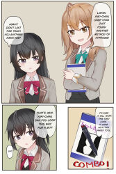 absurdres ahoge alya_sometimes_hides_her_feelings_in_russian black_eyes black_hair brown_eyes brown_hair comic dialogue female_only femdom femsub maria_mikhailovna_kujou multiple_girls ribbon school_uniform speech_bubble text vlk1993 yuki_suou yuri