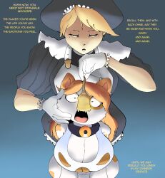  animal_ears bell blonde_hair blue_background cat_ears cat_girl clothed collar dialogue empty_eyes english_text expressionless faetomi female_only femdom femsub furry gloves hypnotized_hypnotist maid maid_headdress multiple_girls original shortstack simple_background text yellow_eyes 