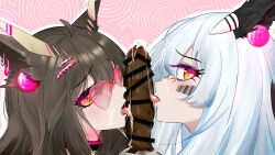  animal_ears anonymous_artist arknights barcode before_and_after brown_hair censored choker cum cum_on_face drool earrings eyebrows_visible_through_hair eyelashes eyeshadow femsub glasses hair_ornament halo heart heart_eyes hypnotic_accessory jewelry makeup maledom multiple_girls oral penis perianist ptilopsis silence_(arknights) simple_background spiral spiral_background tattoo white_hair yellow_eyes 