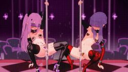  3d animated animated_gif bangs blush body_writing boots clothed_exposure collar crotch_rub crotch_tattoo dancer dancing elf_ears female_only femsub fingerless_gloves gloves god_(artist) happy_trance koikatsu! krul_tepes long_hair multiple_girls multiple_subs navel opera_gloves pasties petting pink_hair pole_dancing purple_hair pussy_juice seraph_of_the_end shinoa_hiiragi shoes small_breasts spread_legs tattoo tech_control thigh_boots thighhighs tied_hair tongue tongue_out twintails visor 