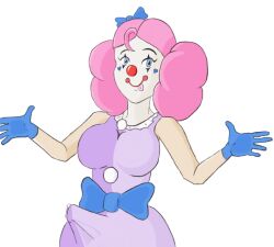  alternate_costume alternate_hairstyle breasts clown clown_girl clownification league_of_legends pink_hair rosera seraphine simple_background smile solo tongue tongue_out transformation 