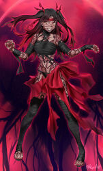 alternate_color_scheme alternate_costume alternate_hair_color angra_mainyu aura bandage bandana bare_shoulders black_hair body_markings brown_hair choker corruption fate/stay_night fate_(series) femsub glowing hair_ribbon happy_trance heart heart_tattoo long_hair midriff multicolored_hair nail_polish navel possession red_background red_hair rin_tohsaka ryai sandals smile tattoo thighhighs toenail_polish twintails yellow_eyes