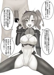  alice_gear_aegis altered_common_sense blush breasts brown_hair censored cleavage drool empty_eyes erection femsub fingerless_gloves frogzaka_raiya gloves greyscale large_breasts mikaripa open_mouth penis short_hair spread_legs text tongue_out translation_request v 