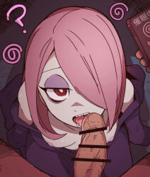  breasts cell_phone censored confused drool empty_eyes fellatio femsub hair_covering_one_eye hypnotic_app little_witch_academia male_pov maledom nipples nns open_mouth pale_skin pov pov_dom purple_hair red_eyes sharp_teeth sucy_manbavaran tongue tongue_out topless 