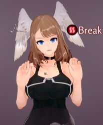  3d absurdres blue_eyes breasts brown_hair choker clothed english_text eunie_(xenoblade) gameplay_mechanics koikatsu! large_breasts simple_background tank_top text thehguy xenoblade_chronicles xenoblade_chronicles_3 