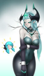 absurdres alternate_costume bare_shoulders black_sclera black_skin blue_hair blush body_markings bunny_girl bunnysuit cleavage closed_eyes control_indicator crown cuffs dragon_girl elf_ears embarrassed eye_color_change femsub green_eyes gwen_(league_of_legends) hair_color_change horns league_of_legends looking_at_viewer maledom mea_(sarika030) pale_skin possession royalty ruination shyvana_(league_of_legends) slit_pupils smile viego_(league_of_legends) white_hair