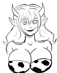 allison_(argonis) animal_ears breasts cleavage cow_girl cow_print female_only femsub greyscale happy_trance horns large_breasts long_hair monochrome original polmanning sketch smile spiral_eyes symbol_in_eyes