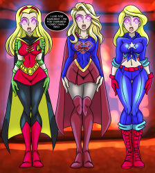 absurdres alternate_costume batman_(series) blonde_hair corruption dc_comics expressionless female_only femsub glowing glowing_eyes long_hair open_mouth robin standing standing_at_attention stargirl stephanie_brown super_hero supergirl superman_(series) tech_control text western zorro-zero