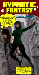 3d advertisement black_hair breasts dialogue female_only femdom femsub green_hair humor kathy_(theheckle) kisstress_(theheckle) large_breasts latex lipstick_mark original parody spiral_eyes symbol_in_eyes text theheckle