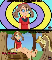 brown_hair comic feet femsub happy_trance hypno_ninja hypnotic_eyes kaa kaa_eyes may pokemon text the_jungle_book