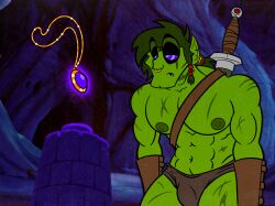  abs earrings elf_ears gloves green_hair green_skin heavy_eyelids hypnotic_accessory loincloth magic male_only malesub muscle_boy necklace nose_ring orc orc_boy original piercing ring_eyes scars sleepy-foot slouching solo topless weapon 