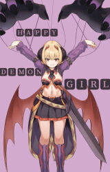 alternate_costume alternate_form androgynous_dom arms_above_head blonde_hair breasts character_request corruption demon demon_girl english_text femsub horns looking_at_viewer magical_girl midriff navel orange_eyes original puppet puppetization rgbcascade skirt sword text unhappy_trance weapon wings