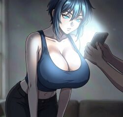  ai_art androgynous_dom bare_shoulders blue_eyes blue_hair breasts cleavage clothed dazed femsub glowing huge_breasts hypnotic_accessory hypnotic_screen laurie_lowell leaning_forward midriff navel pantheon_(series) pants phone piercing short_hair tank_top tech_control zupern0va_(manipper) 