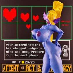  3d ass bimbofication blender blonde_hair blue_skin bottomless breasts collarbone curvy female_only femsub fish_girl glowing_eyes hair_covering_one_eye holding_breasts huge_breasts large_ass navel nipples nude open_mouth pink_eyes ponytail sharp_teeth signature smile supercasket text tongue tongue_out topless undertale undyne_(undertale) very_long_hair 