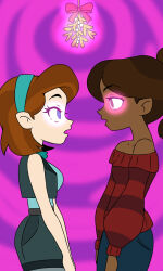 dark_skin ellie_(total_drama) female_only femsub gabby_(total_drama) glowing_eyes hair_band long_hair mistletoe qsky ribbon ring_background short_hair tied_hair total_drama vest yuri