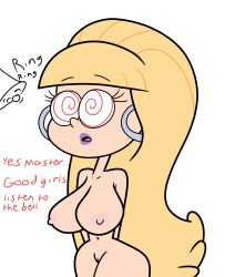  aged_up apopop bell blonde_hair bottomless breasts dialogue disney female_only femsub gravity_falls nude open_mouth pacifica_northwest solo spiral_eyes symbol_in_eyes tagme text topless trigger very_long_hair 