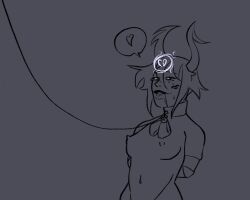  arms_behind_back bell_collar collar drool glowing_eyes homestuck horns leash lipstick lipstick_mark monochrome ms_paint_adventures original ribbon short_hair small_breasts soldierexclipse topless 
