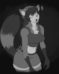  bare_shoulders beanie belt breasts clothed collarbone femsub folly_(mrgerp) furry greyscale hat large_breasts leaning_forward long_hair midriff navel open_mouth original pendulum pocket_watch red_panda_girl shorts shrunken_irises simple_background sketch slouching surprised swirlytanuki tank_top thick_thighs tongue wide_hips 