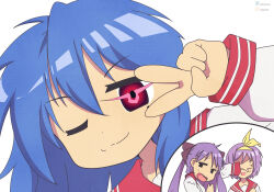 ahoge blue_hair copyright_request eyebrows_visible_through_hair female_only glowing_eyes gojulas hair_ornament hair_ribbon humor kagami_hiiragi konata_izumi long_hair lucky_star mole one_eye_open open_mouth parody purple_hair red_eyes school_uniform simple_background smile sweat symbol_in_eyes tsukasa_hiiragi twintails v white_background