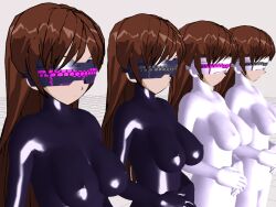  3d 3d_custom_girl bodysuit breasts brown_hair catsuit clone erect_nipples erect_nipples_under_clothes expressionless large_breasts latex long_hair multiple_girls multiple_subs rubber saihate_no_majo standing tech_control tight_clothing visor 