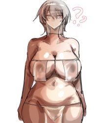  arczaeon bare_shoulders breasts clothed_exposure confused copyright_request covering drool faust_(limbus_company) female_only femsub glowing_eyes large_breasts limbus_company loincloth midriff navel open_mouth see-through simple_background solo standing thick_thighs veil white_background 