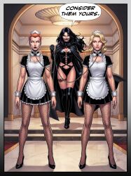  ai_art aiko_hajime_shin black_hair blonde_hair cape chains cleavage clothed collar empty_eyes english_text expressionless female_only femdom femsub fishnets fortunadoe_(generator) garter_belt high_heels lipstick long_hair magma_(x-men) maid maid_headdress marvel_comics multicolored_hair multiple_girls orange_hair rachel_summers short_hair smirk speech_bubble standing text thigh_boots 
