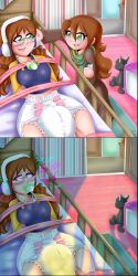  age_difference aweye bedroom before_and_after blush brown_hair diaper femdom femsub glasses happy_trance headphones kiddom long_hair multiple_girls original pacifier poofy_diaper spiral_eyes symbol_in_eyes tech_control urination 