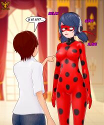 3d blue_hair bodysuit empty_eyes femsub happy_trance latinkaixa maledom marinette_dupain-cheng miraculous_ladybug standing standing_at_attention text twintails