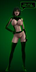 3d breasts clothed_exposure collar dialogue exposed_chest female_only femsub green_eyes green_hair hand_on_hip high_heels kathy_(theheckle) original pussy solo tech_control text theheckle