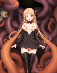  ai_art blonde_hair blue_eyes boots bottomless choker empty_eyes exposed_chest femsub hair_ornament long_hair open_mouth pussy skirt small_breasts stable_diffusion_(ai) tentacles thigh_boots thighhighs topless 